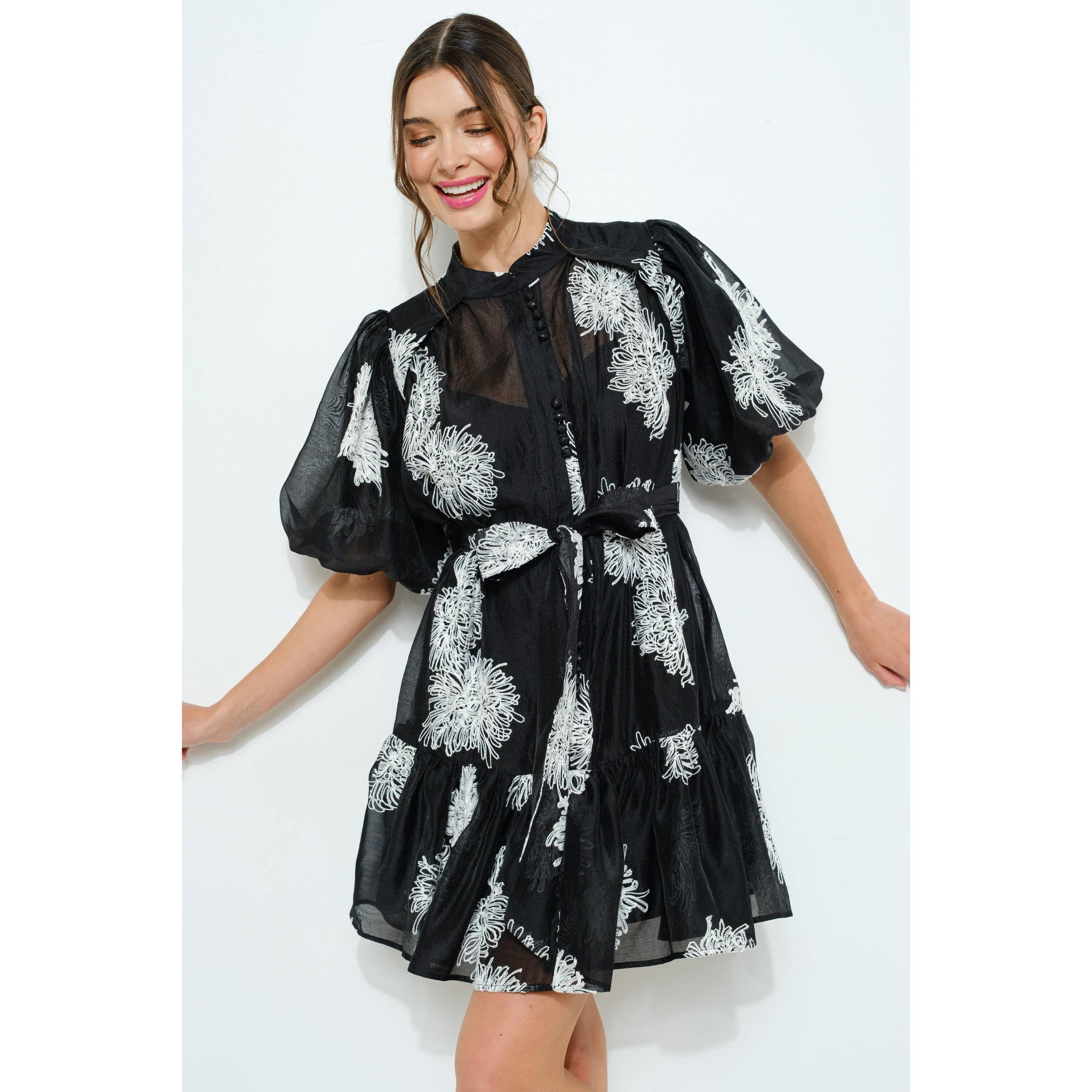 sheer puff sleeve mini dress Sheer Chiffon Puff Sleeve Collared Mini Dress with Ruched Waistband Detail