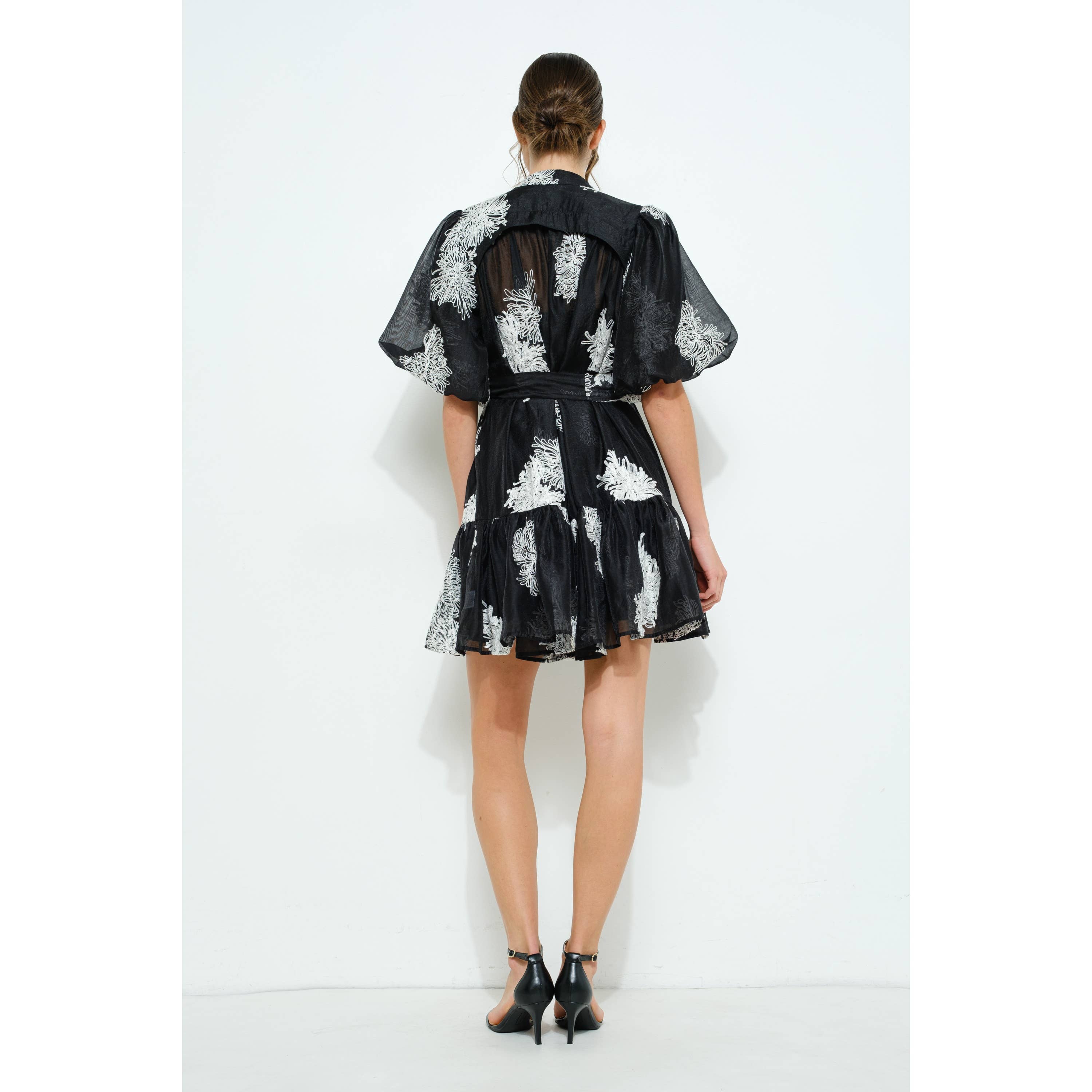 Embroidered Sheer Puff Sleeve Mini Dress Black / M Embroidered Sheer Puff Sleeve Mini Dress Black / M