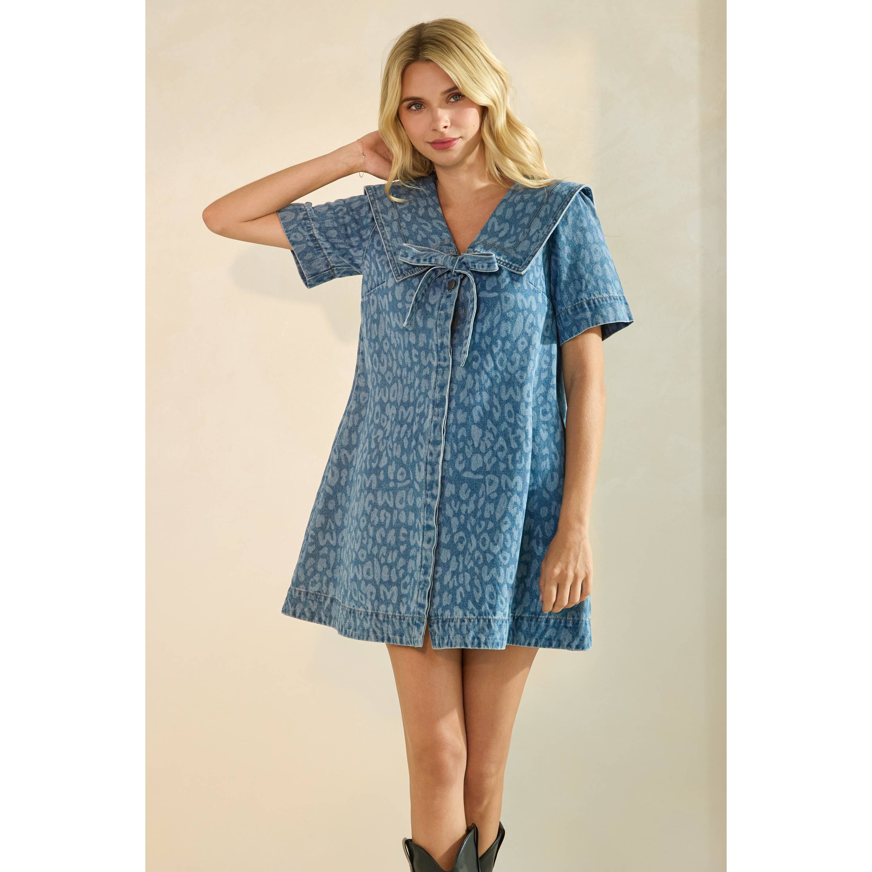Angie Leopard Denim Dress Med Wash / L